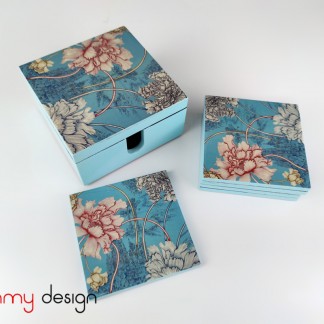 Set of  6 blue hand-painted carnation coasters with box 